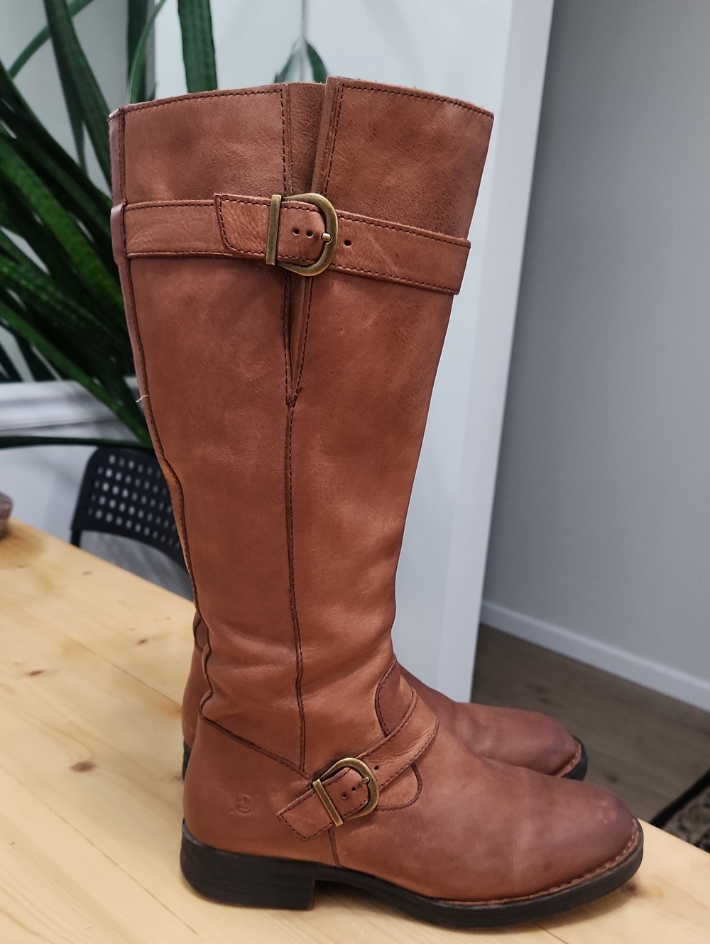 Børn Pointe Tan Leather Knee High Riding Boots Buckles Distressed 7
